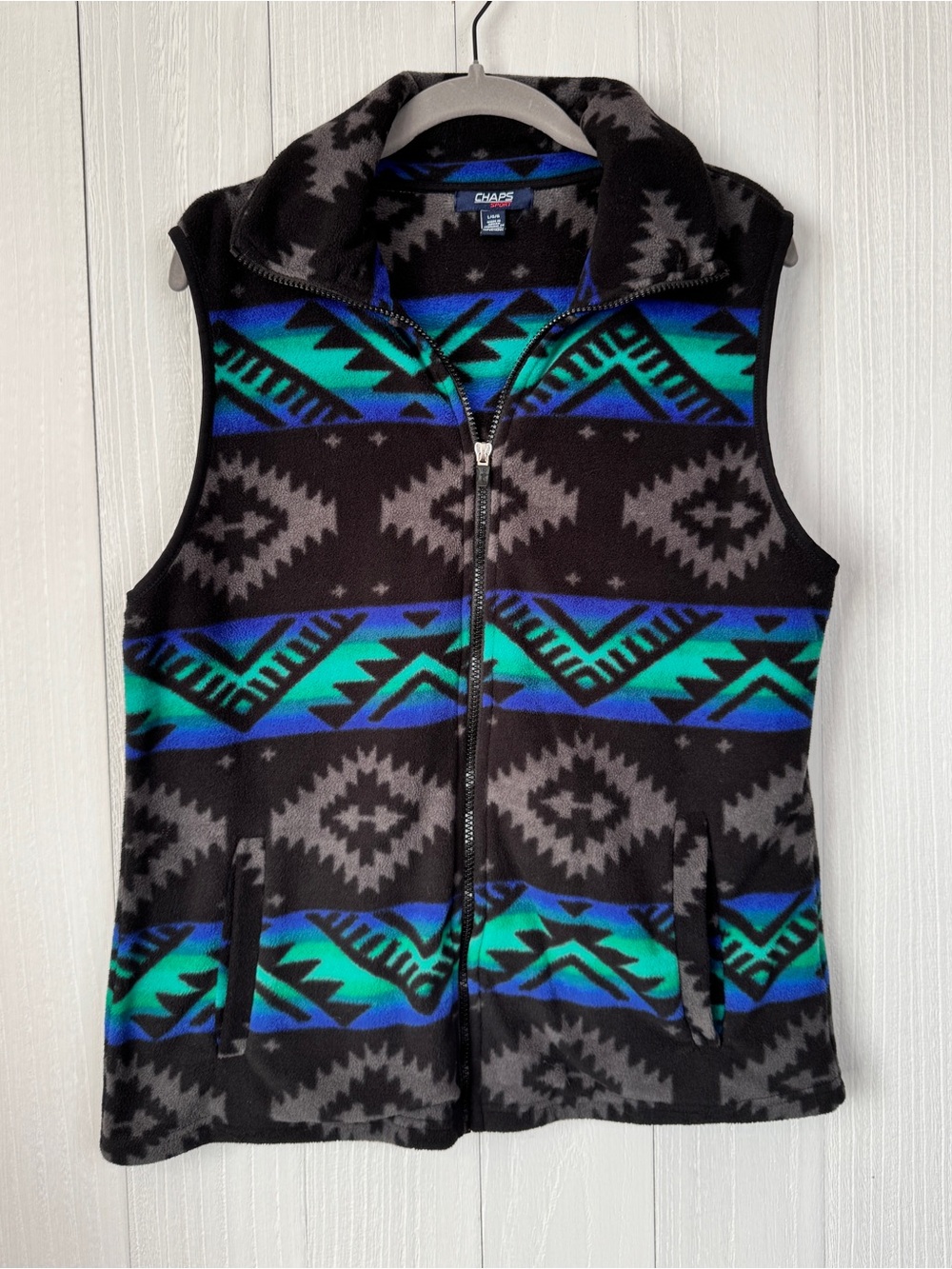 CHAPS Sport Aztec Southwestern Fleece Vest Full Zip Black Blue Teal Size L